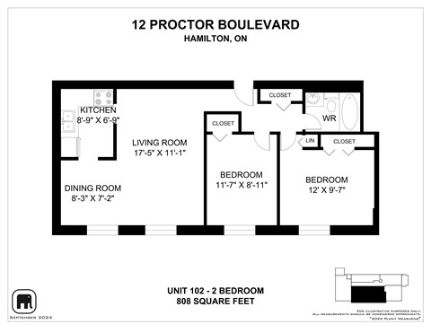 A floor plan for a 2 bedroom apartment at 12 Proctor Boulevard, Hamilton, ON.